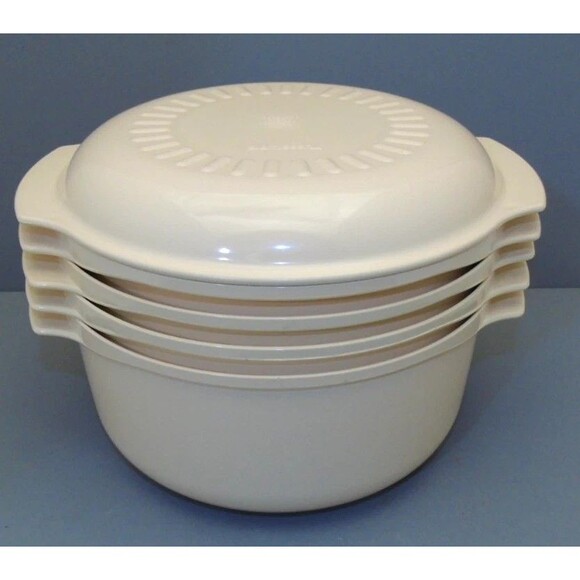 TUPPERWARE Stack Cooker Steamer Cookware Set Microwave Almond Cookbook 5 pc Set - Picture 1 of 4